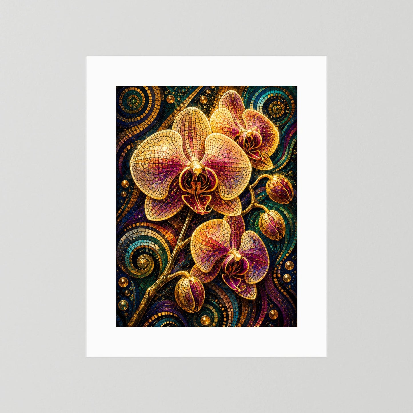 Hochformat-Poster mit Mosaik-Orchideen in Gold und Violett, ohne Rahmen