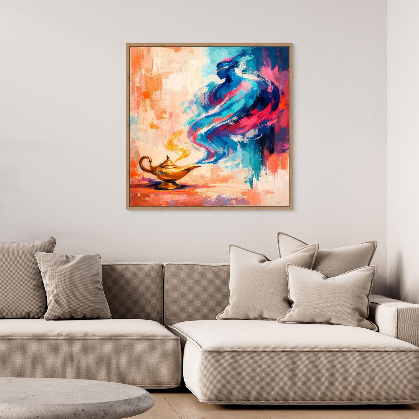 Abstraktes Leinwandbild mit Flaschengeist, blau-rosa Farbverlauf und goldener Lampe