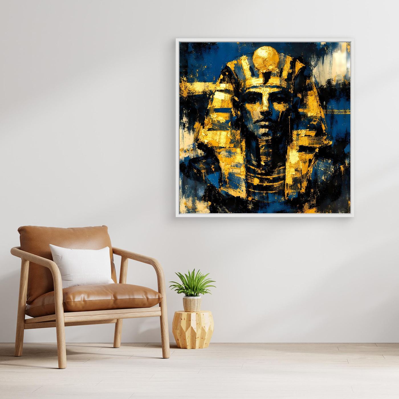 Ägyptisches Leinwandwandbild mit Tutanchamun-Porträt in Blau und Gold, quadratisch