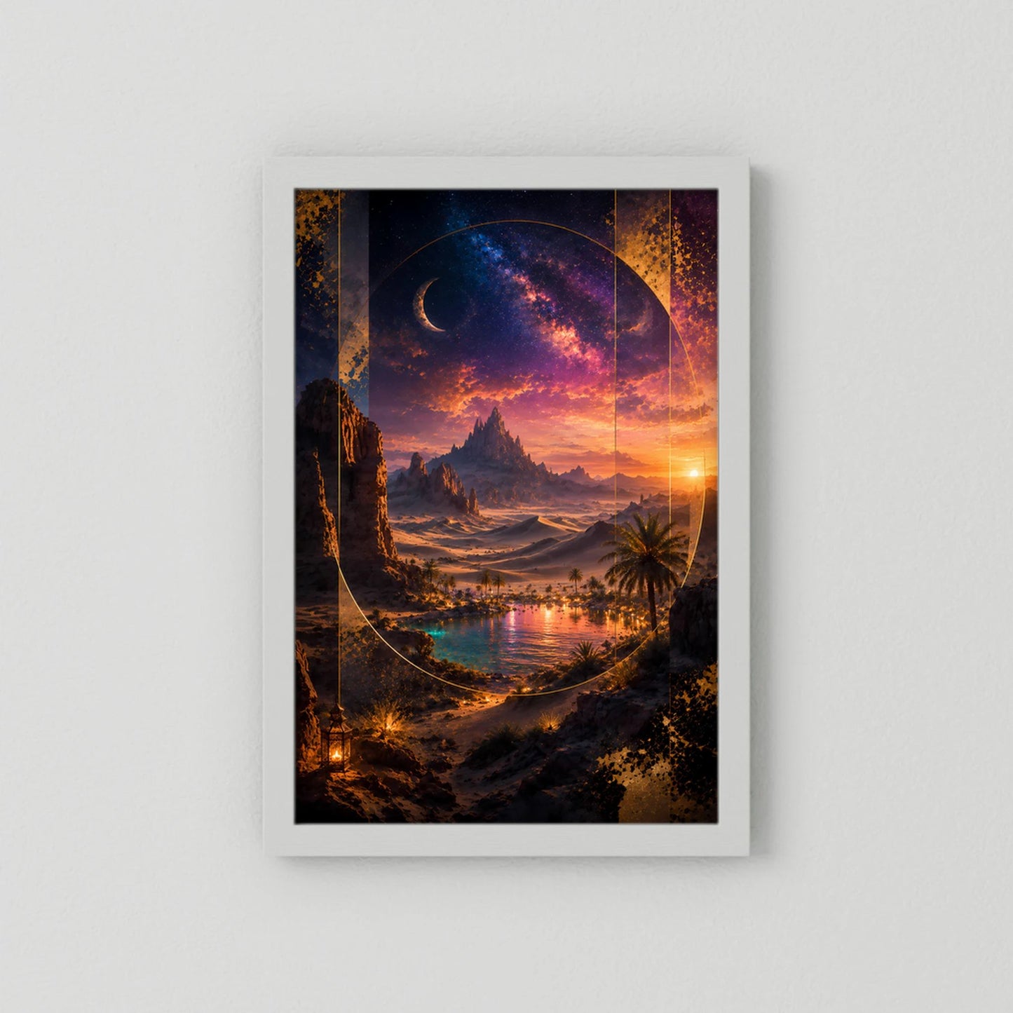 Hochformatiges Poster mit weißem Rahmen, surreales Wüstenmotiv mit Sternen und Sonnenuntergang.