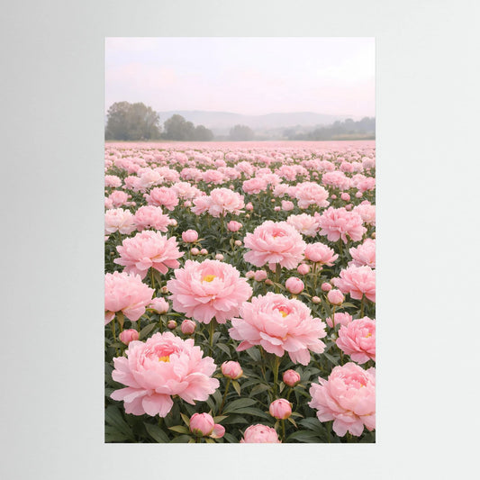 Hochformatiges Wandbild mit rosa Pfingstrosen im Feld und sanftem Dunst im Hintergrund
