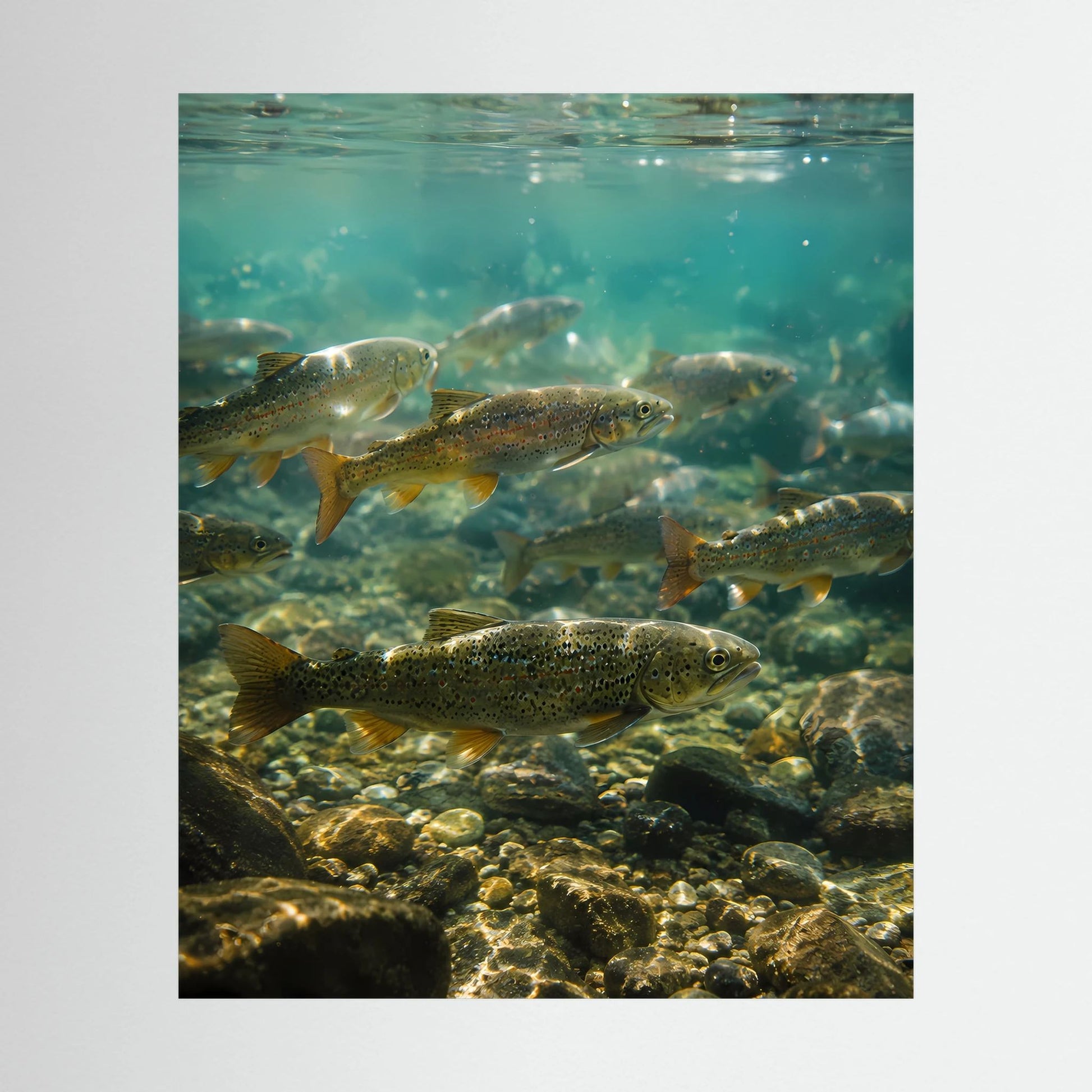 Nahansicht Poster: Forellen in klarem Wasser über Steinen, ohne sichtbaren Rahmen.