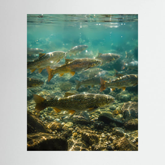 Nahansicht Poster: Forellen in klarem Wasser über Steinen, ohne sichtbaren Rahmen.