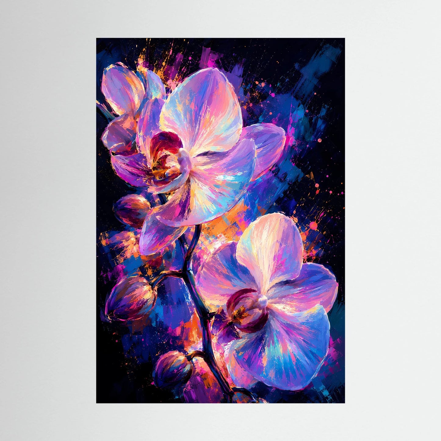 Hochformat-Poster mit leuchtenden Orchideen in Pink, Violett und Blau, abstrakt