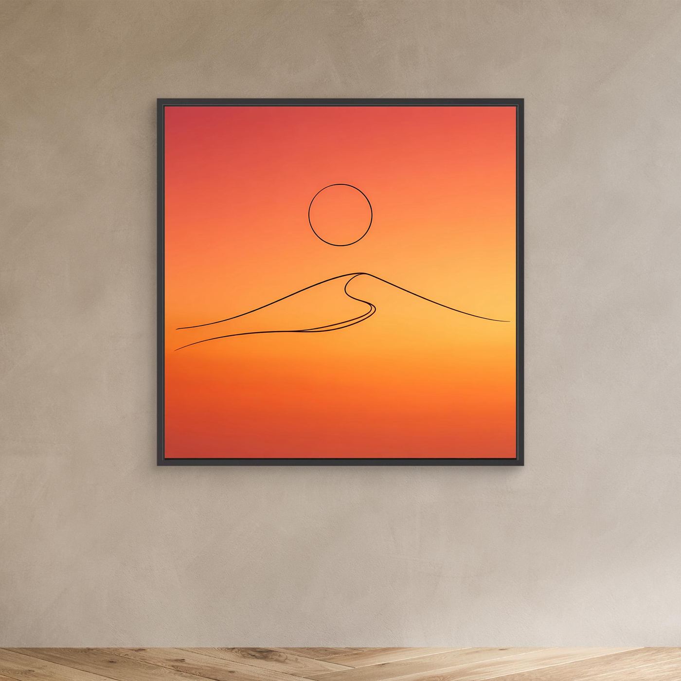 Leinwandbild mit minimalistischer Wüstendüne: Kreis-Sonne und Linien, im schwarzen Rahmen