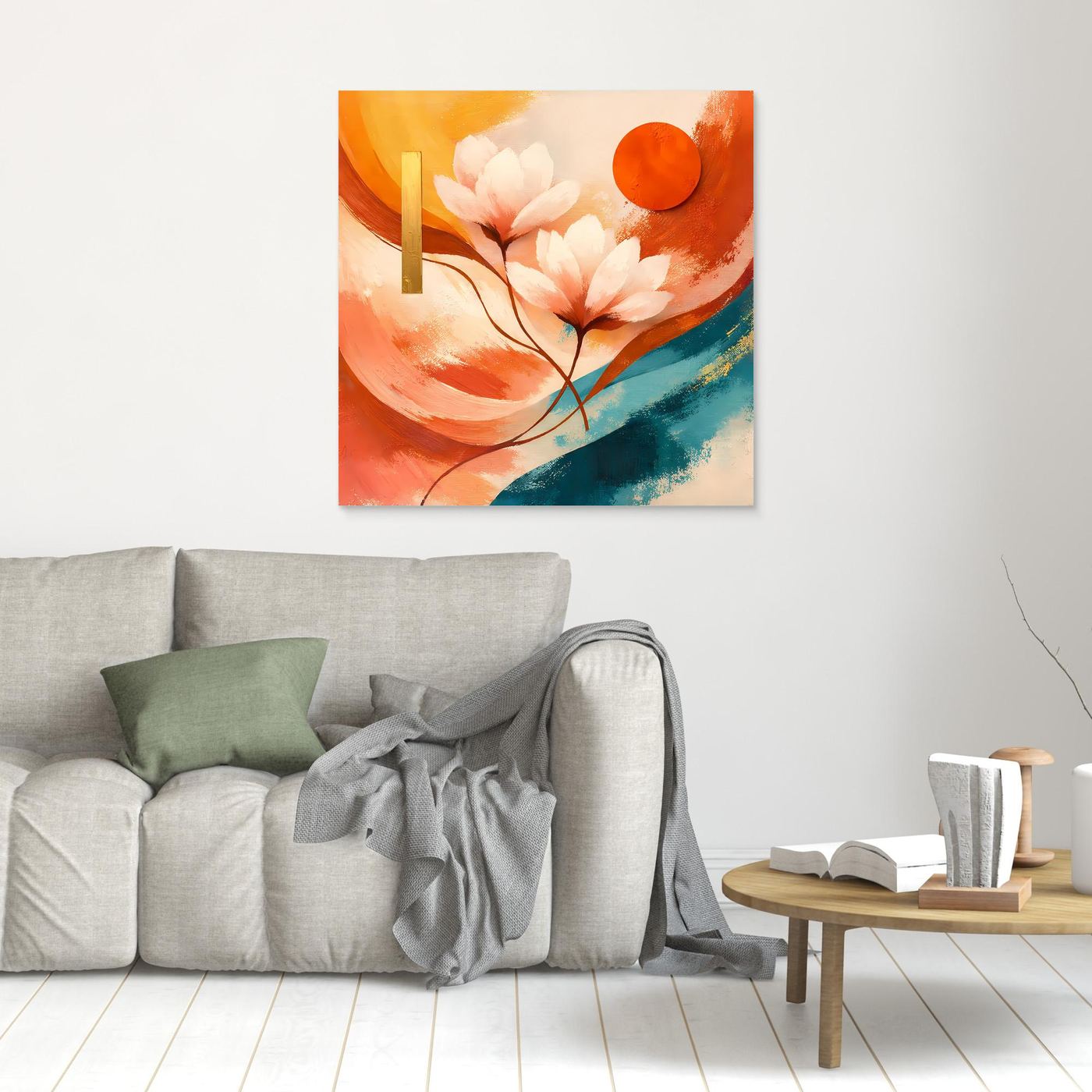 Kleines Leinwandbild mit abstrakten Lotusblüten, orange-rote Akzente und türkis, schmal gerahmt