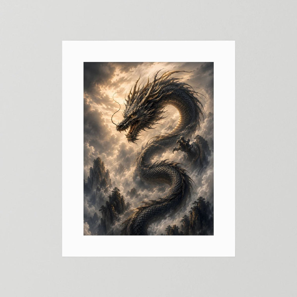 Drachenposter im Hochformat mit schwarzem Drachen über Wolkenbergen, weißer Rand