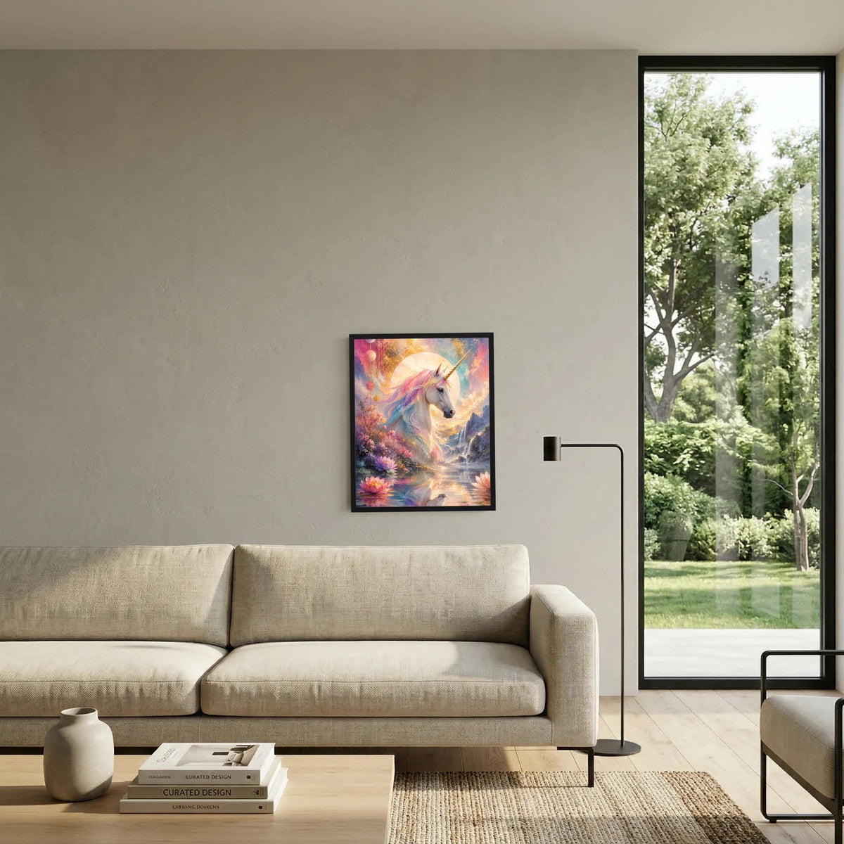 Einhorn-Kunstposter am Sofa: weißes Einhorn über blühendem Lotus und Lichtspur