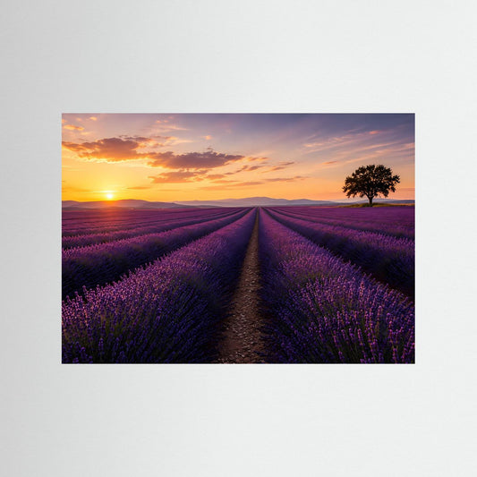 Querformat-Poster mit Lavendelfeld bei Sonnenuntergang, ohne sichtbaren Rahmen