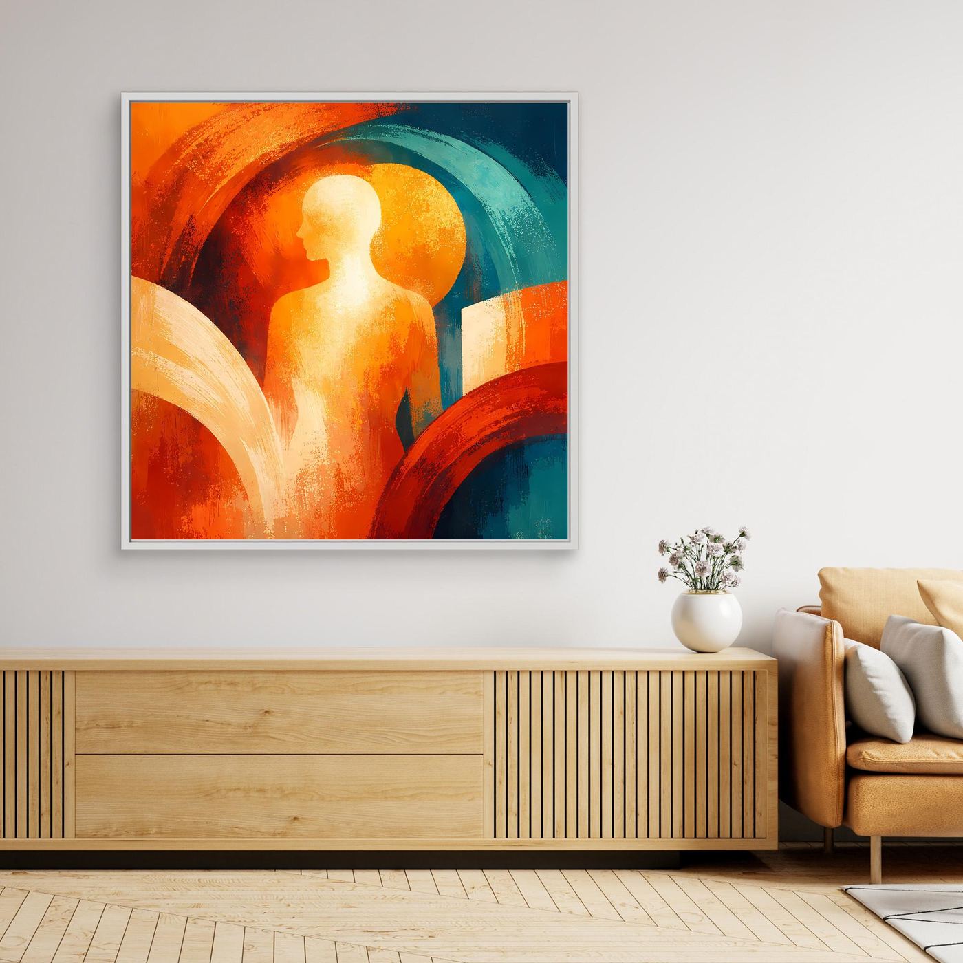 Abstraktes Leinwand-Wandbild mit Silhouette in Orange/ Türkis, schwarzer Rahmen