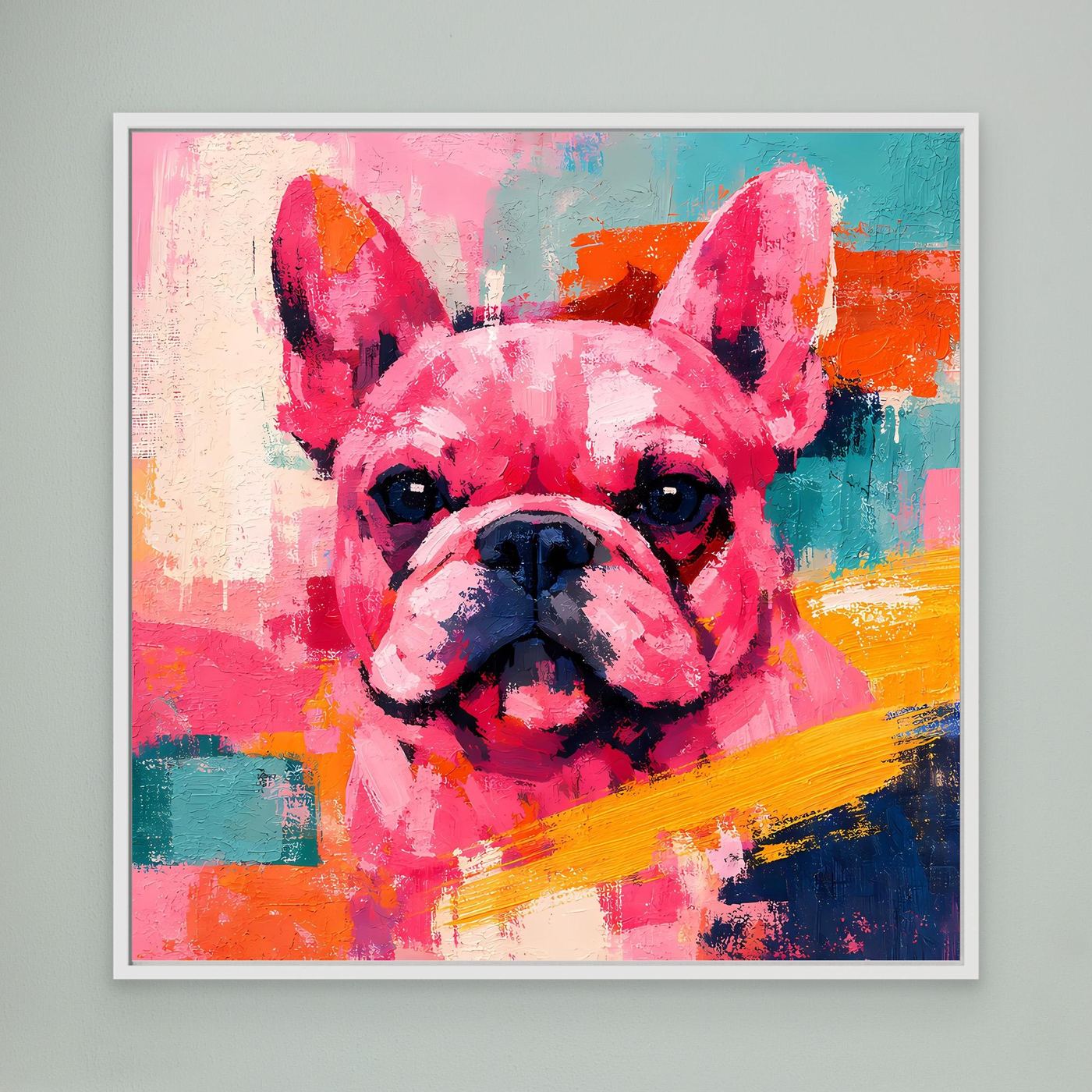 Leinwandbild mit Pop-Art Französischer Bulldogge, farbiges Portrait, quadratisch, weißer Rahmen