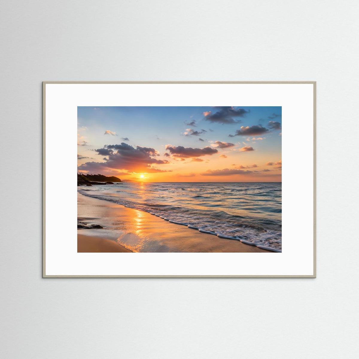 Poster Querformat: Strand bei Sonnenuntergang, weißer Rahmen, weißer Rand