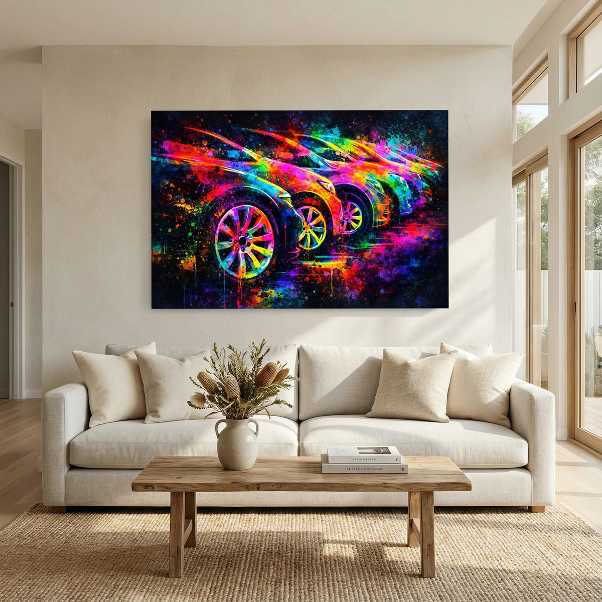 Wandposter mit Sportwagen-Farbexplosion und leuchtenden Felgen, querformat