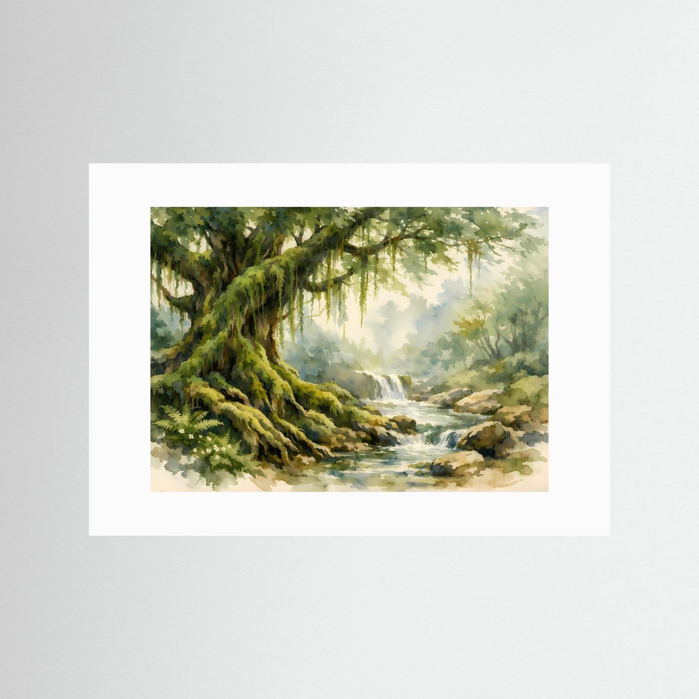Mysteröser Urwaldbaum am Flusslauf | Aquarell Natur & Urwald Poster Querformat