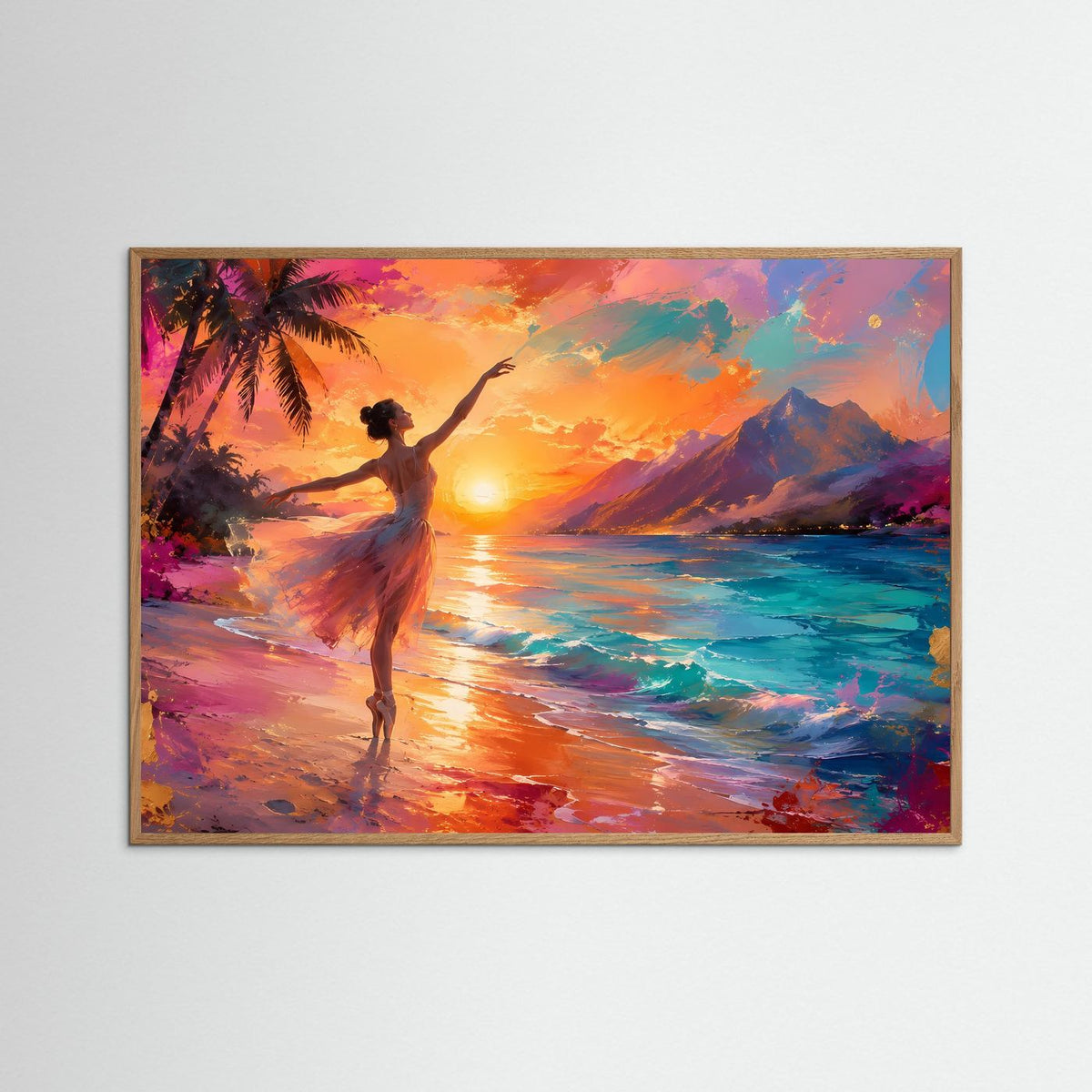 Ballett-Poster mit Tänzerin am Strand im Natur-Eichenrahmen, warme Sonnenuntergangsfarben