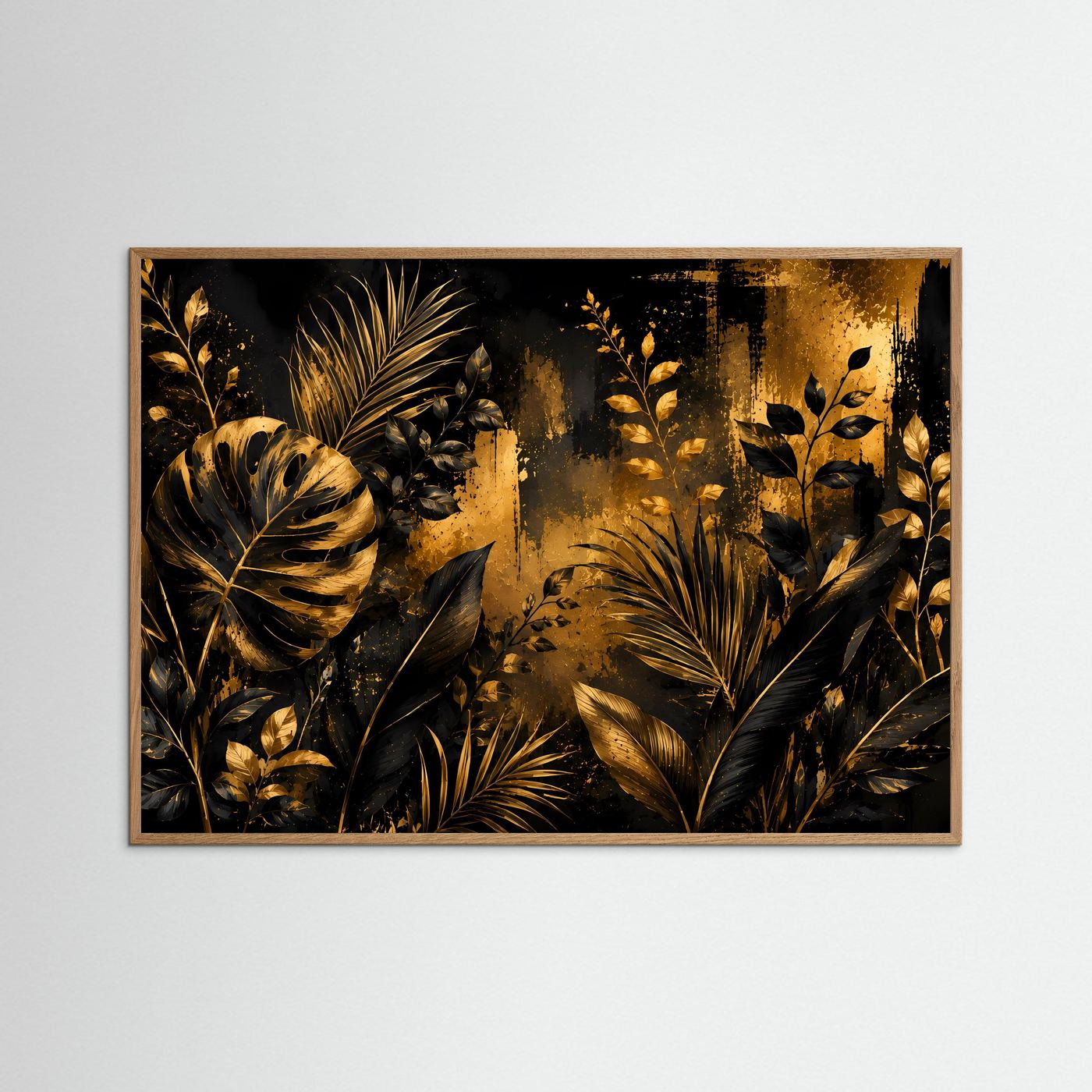 Botanisches Poster im Querformat mit hellem Eichenrahmen: goldene Tropenblätter auf schwarz