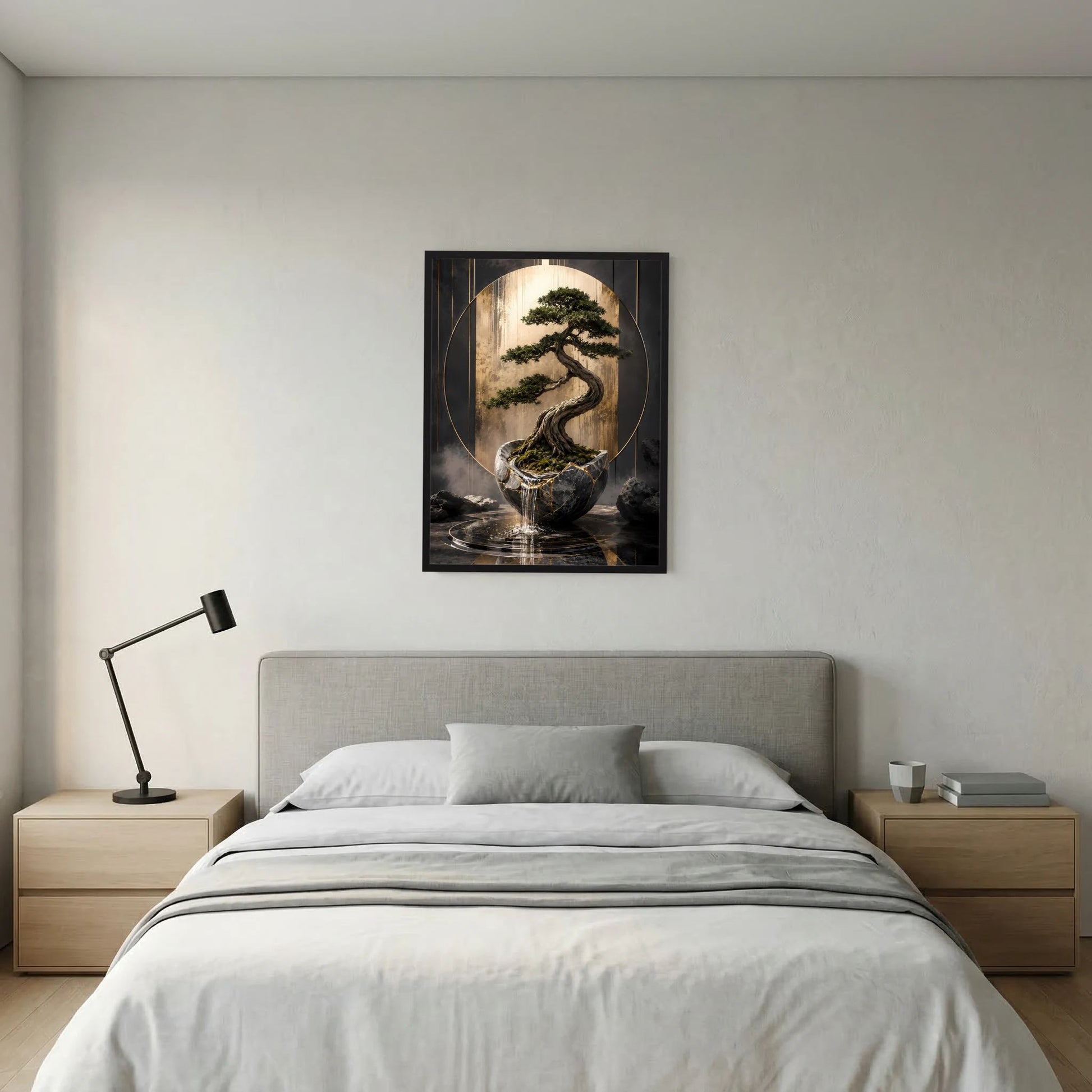 Hochformat-Poster mit Bonsai und Wasserreflexen, schwarzer Topf, goldgrüne Baumkrone