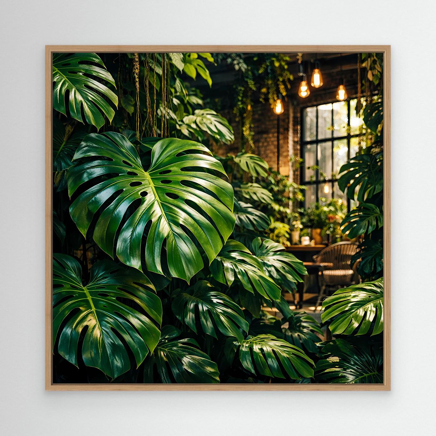 Leinwandbild mit grünen Monstera- und Dschungelblättern, brauner Holzrahmen