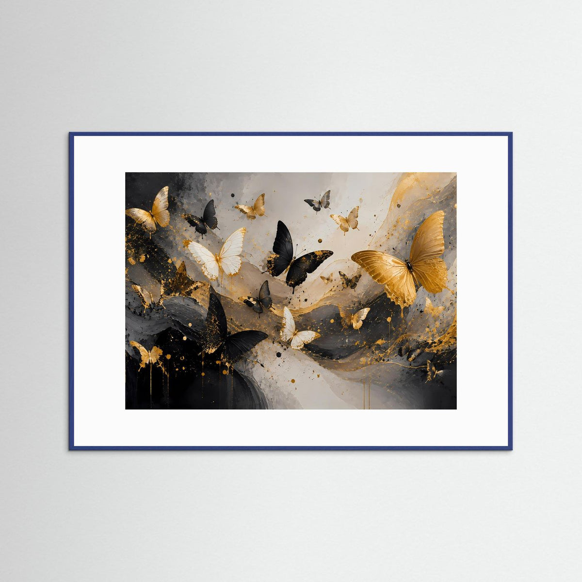 Abstraktes Schmetterlings-Wandbild in Schwarz, Weiß und Gold mit blauem Rahmen