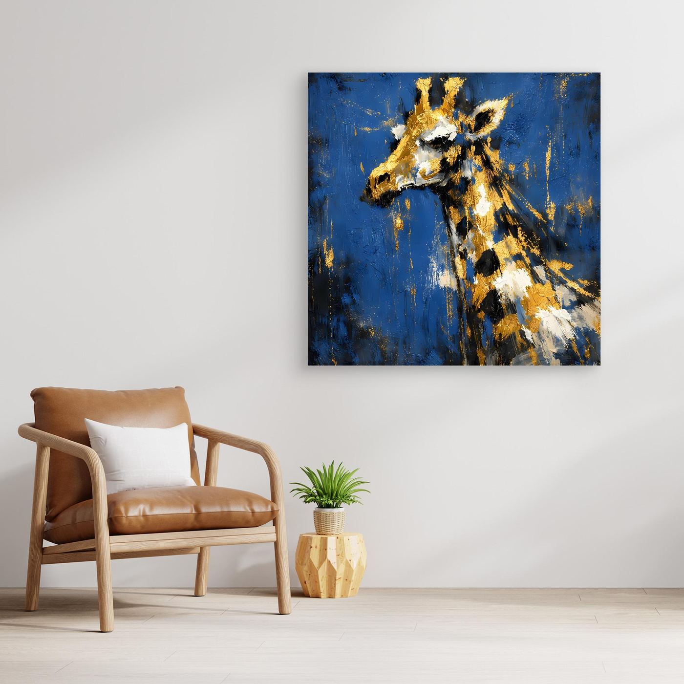 Leinwand Elegante Giraffe in Gold und Blau | Abstraktes Tier Wandbild