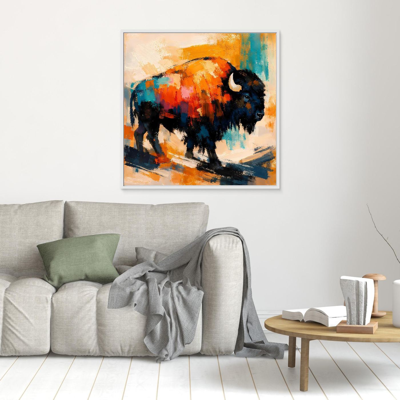 Small framed modern abstract bison wall art with orange, teal, and dark blue paint strokes