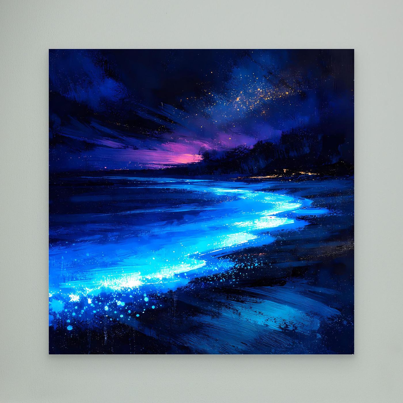 Leinwand Biolumineszierender Strand bei Nacht | Magische Wandkunst auf echter Leinwand