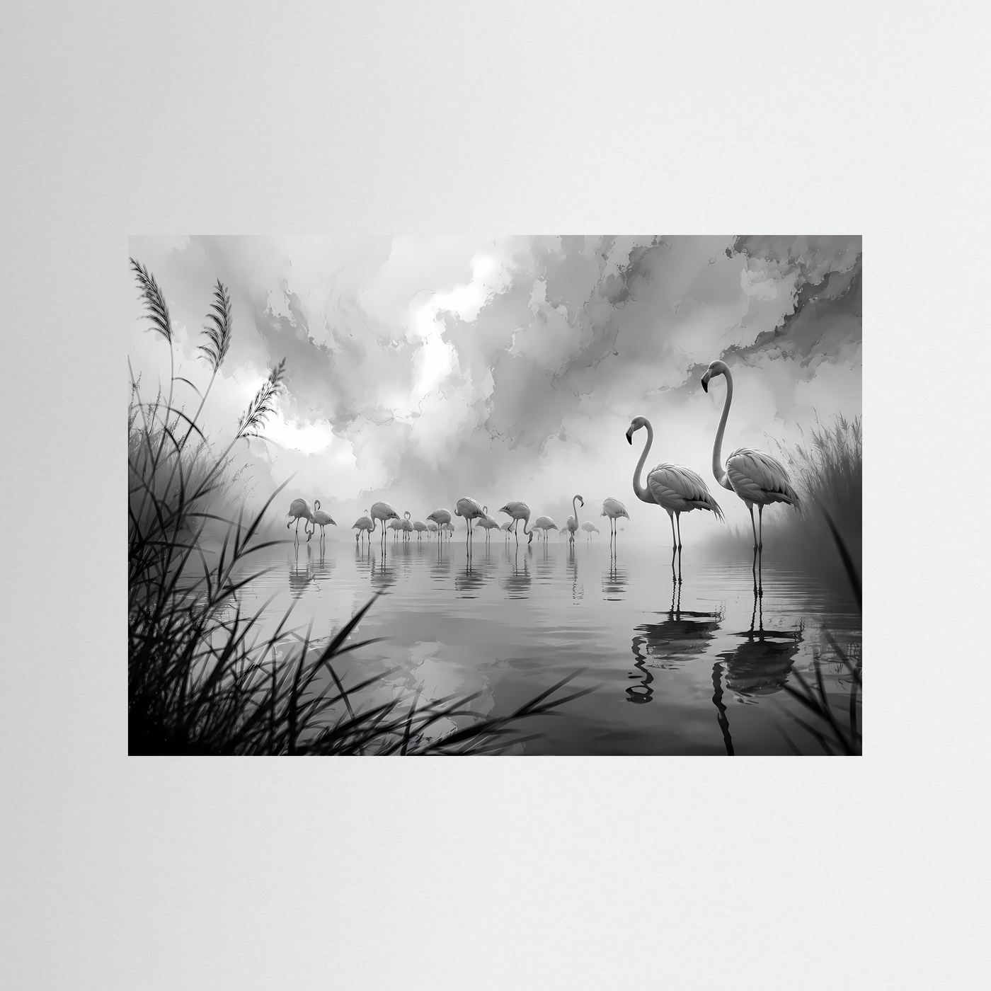 Flamingos im Nebel Schwarz-Weiß | Elegante Natur Wandkunst