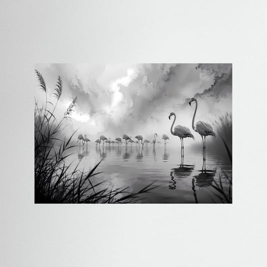 Wandkunst mit Flamingos im Nebel in Schwarzweiß, ohne Rahmen sichtbar