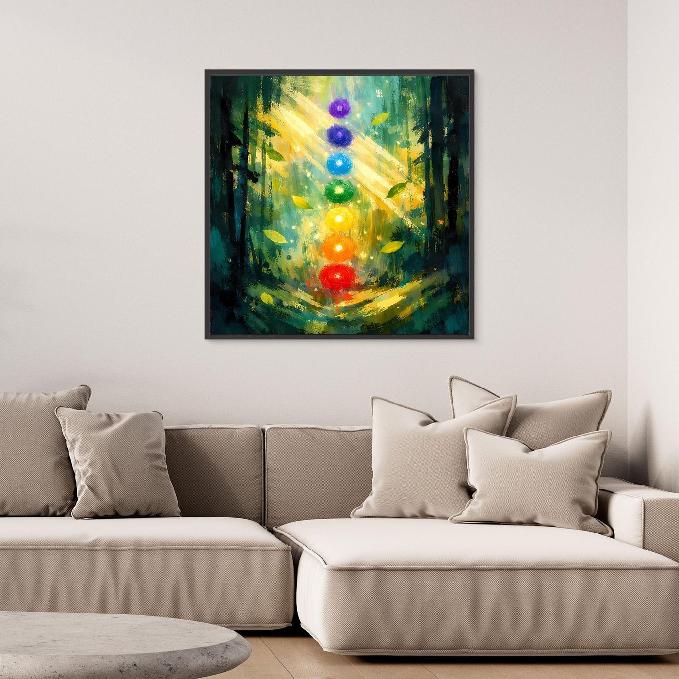 Wandbild auf Leinwand mit Rahmen: leuchtende Chakra-Lichtkugeln in grünem Wald