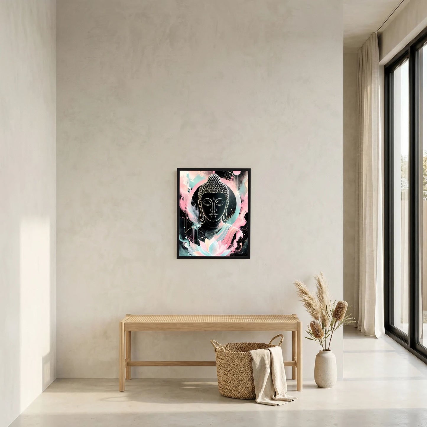 Buddha-Poster (Hochformat) mit schwarzer Buddhafigur und Lotus in Pastellfarben an Wand