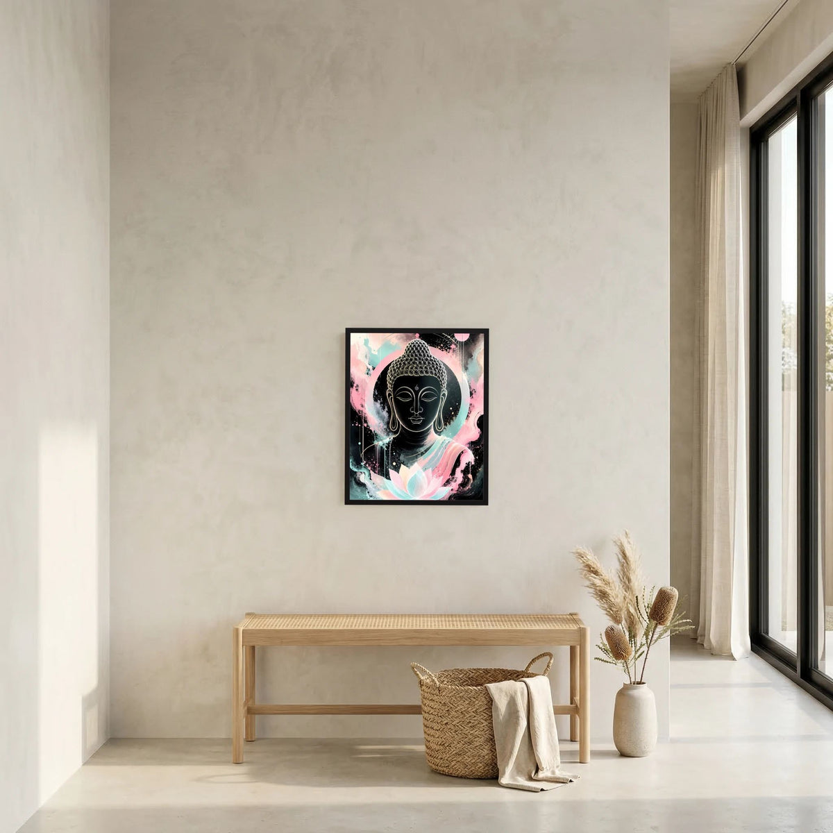 Buddha-Poster (Hochformat) mit schwarzer Buddhafigur und Lotus in Pastellfarben an Wand