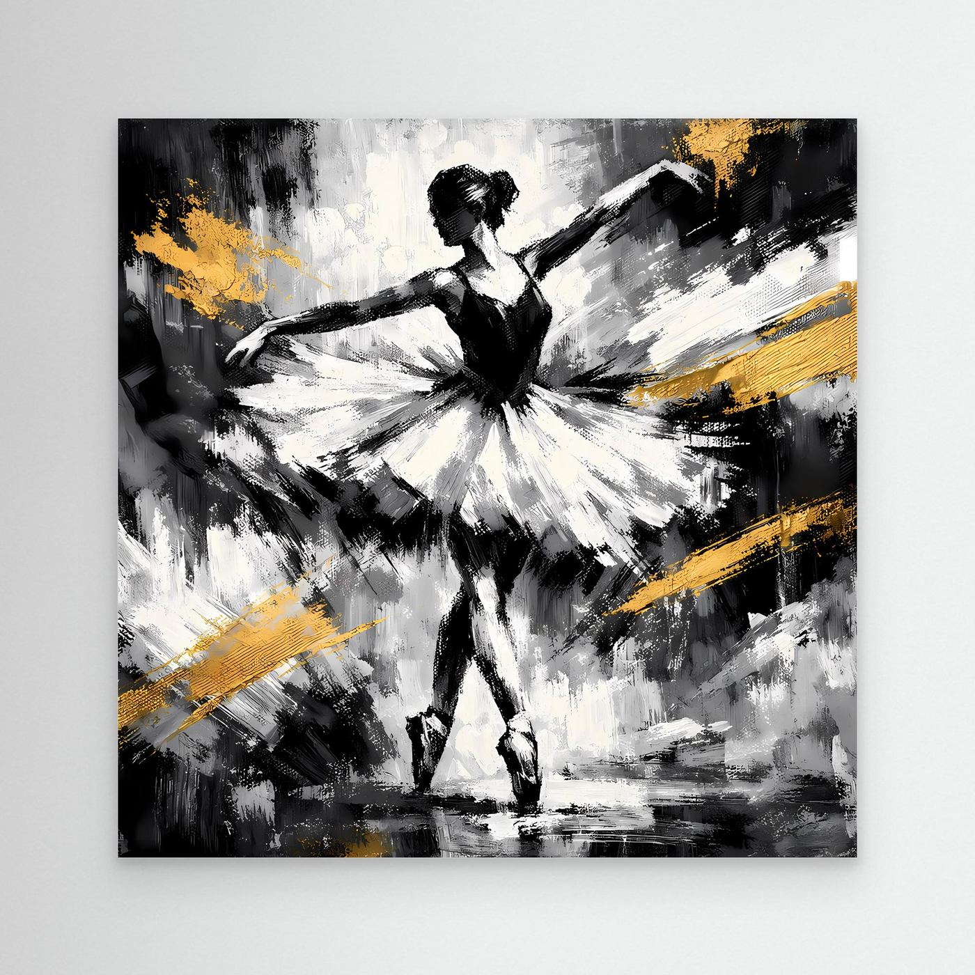 Abstraktes Leinwandbild mit Ballerina in Schwarz-Weiß mit goldenen Pinselstrichen, schwarzer Rahmen