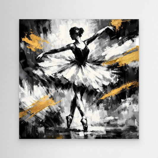 Abstraktes Leinwandbild mit Ballerina in Schwarz-Weiß mit goldenen Pinselstrichen, schwarzer Rahmen