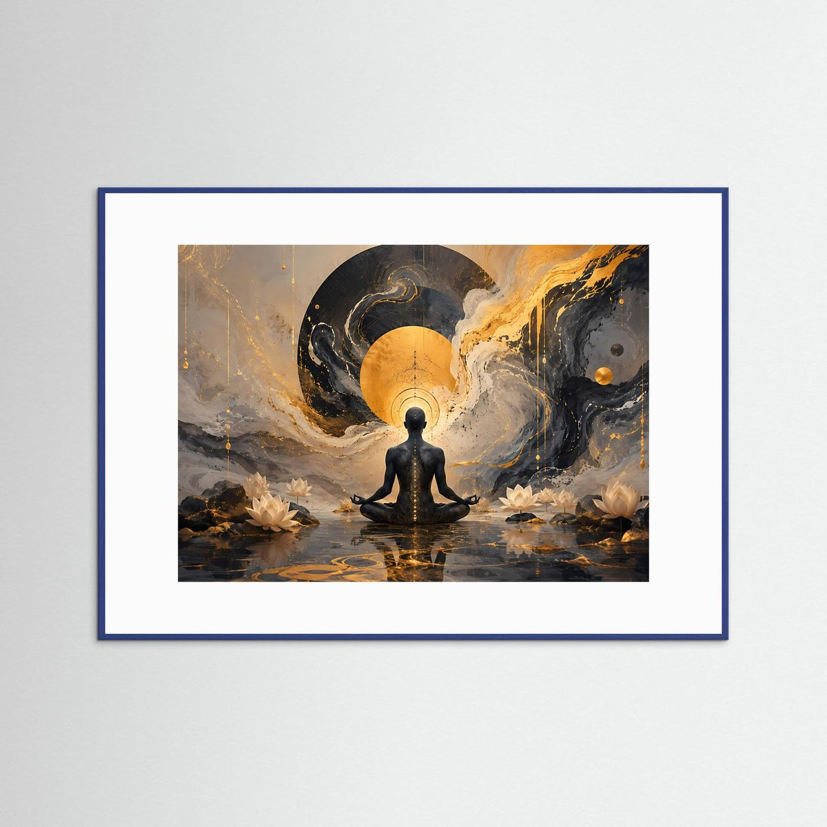 Meditationsposter mit schwarzer Buddha-Silhouette und goldener Spirale, blauer Rahmen