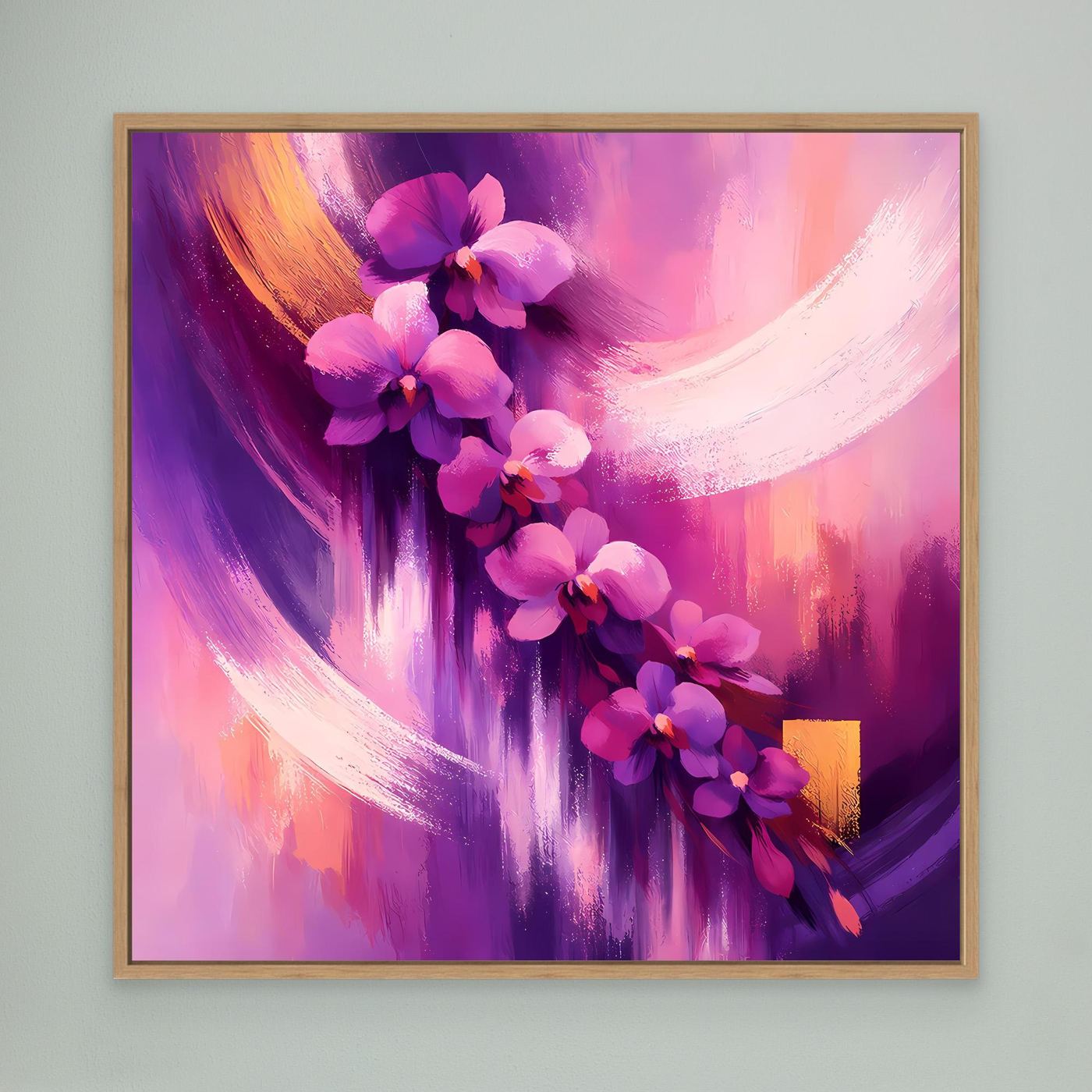 Leinwandbild mit abstrakten Orchideen in Lila- und Rosatönen, Holzrahmen