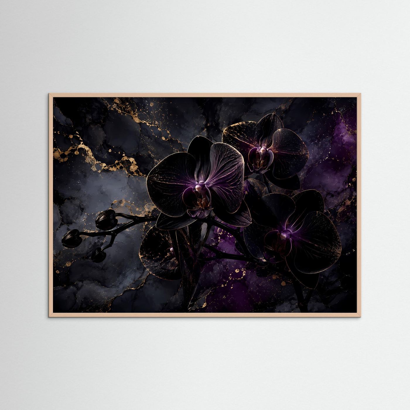 Schwarze Orchideen in Gold & Violett | Luxuriöses Florales Wandbild Querformat