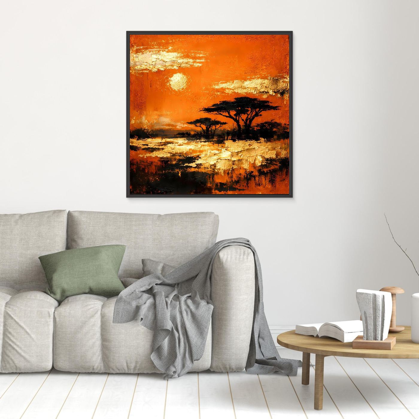 Leinwand Abstraktes Savannen-Panorama | Modernes Afrika Wandbild in Orange und Goldblättern