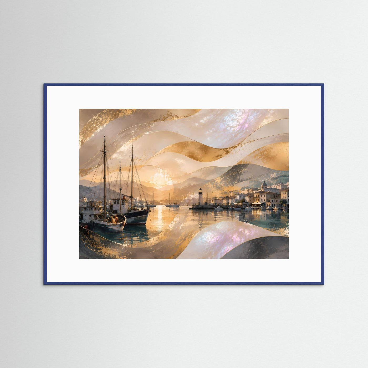 Querformat-Poster mit Hafen, Segelbooten und Leuchtturm bei Sonnenuntergang