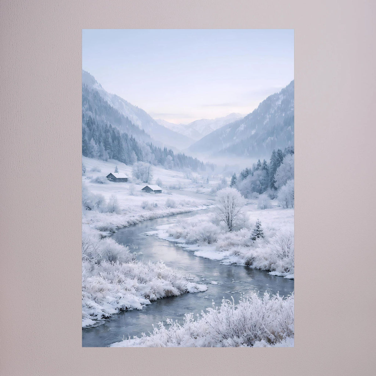 Winterliches Poster zeigt Flusstal mit verschneiten Bäumen und Dörfern, Hochformat