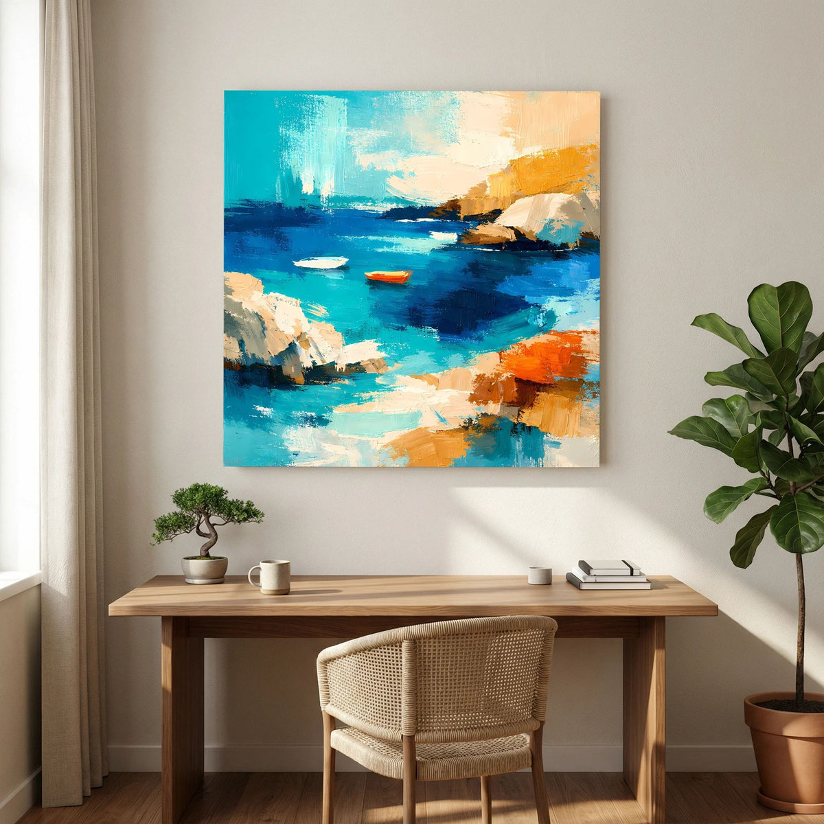 Leinwandbild mit abstrakter Meeresbucht, Segelboot und Farbflächen in Blau und Orange