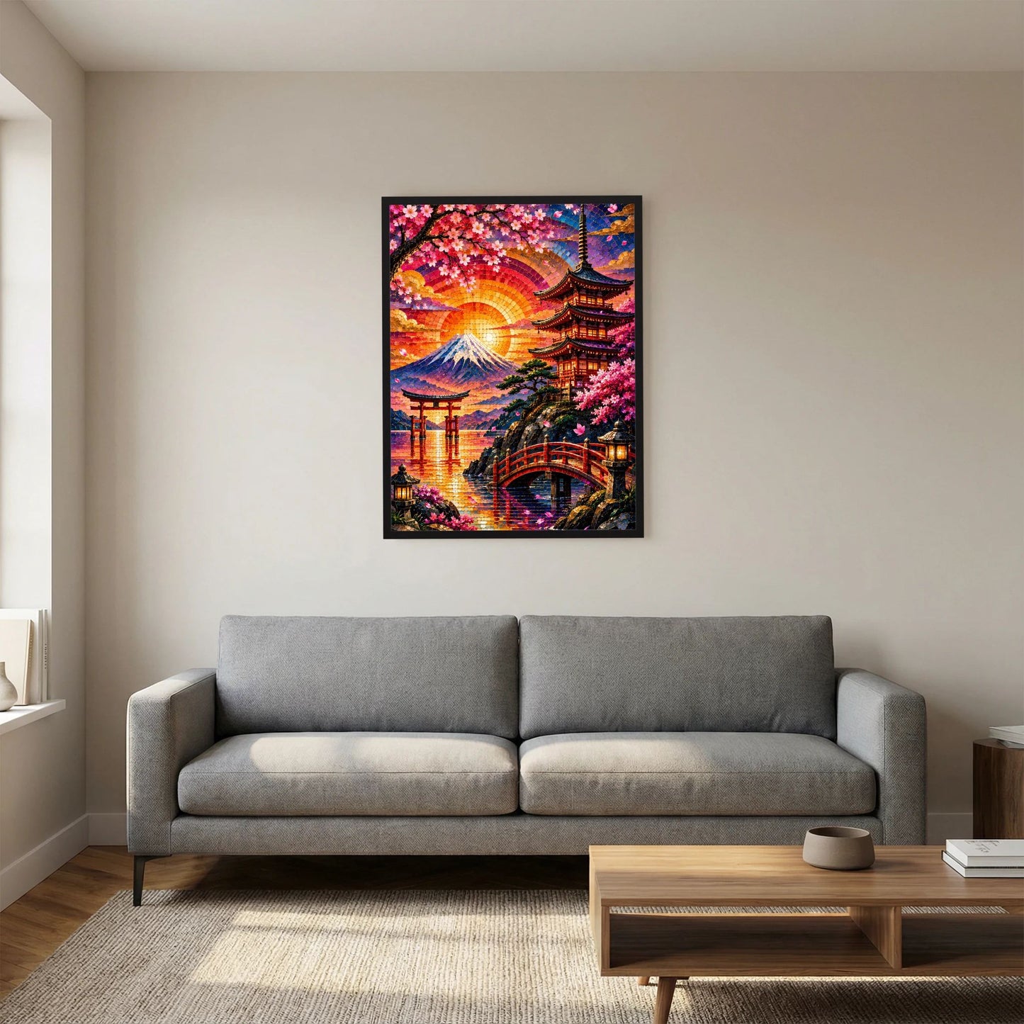 Gerahmtes Poster mit Mosaikbild: Pagode, Fuji und Sakura in warmen Farben, Sonnenuntergang