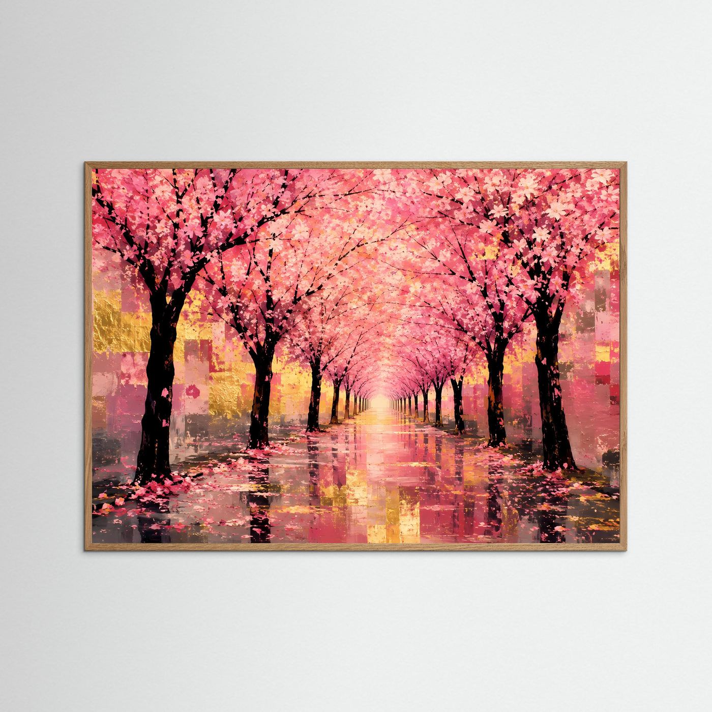 Gerahmtes Kunstposter mit Kirschblütenallee, rosa Bäumen und Spiegelungen auf dunklem Wasser