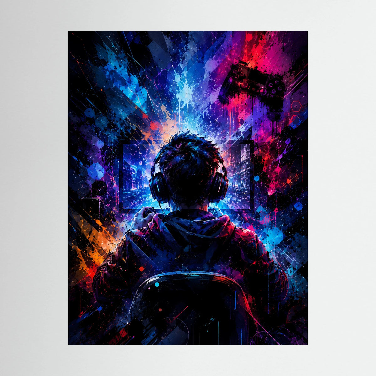 Nahaufnahme: schwarz gerahmtes Wandposter mit Neon-Grafik eines Gamers mit Headset