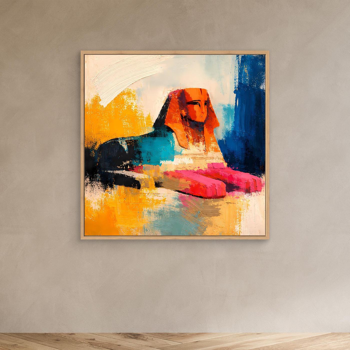 Abstract sphinx canvas wall art with orange and blue paint strokes; oak frame