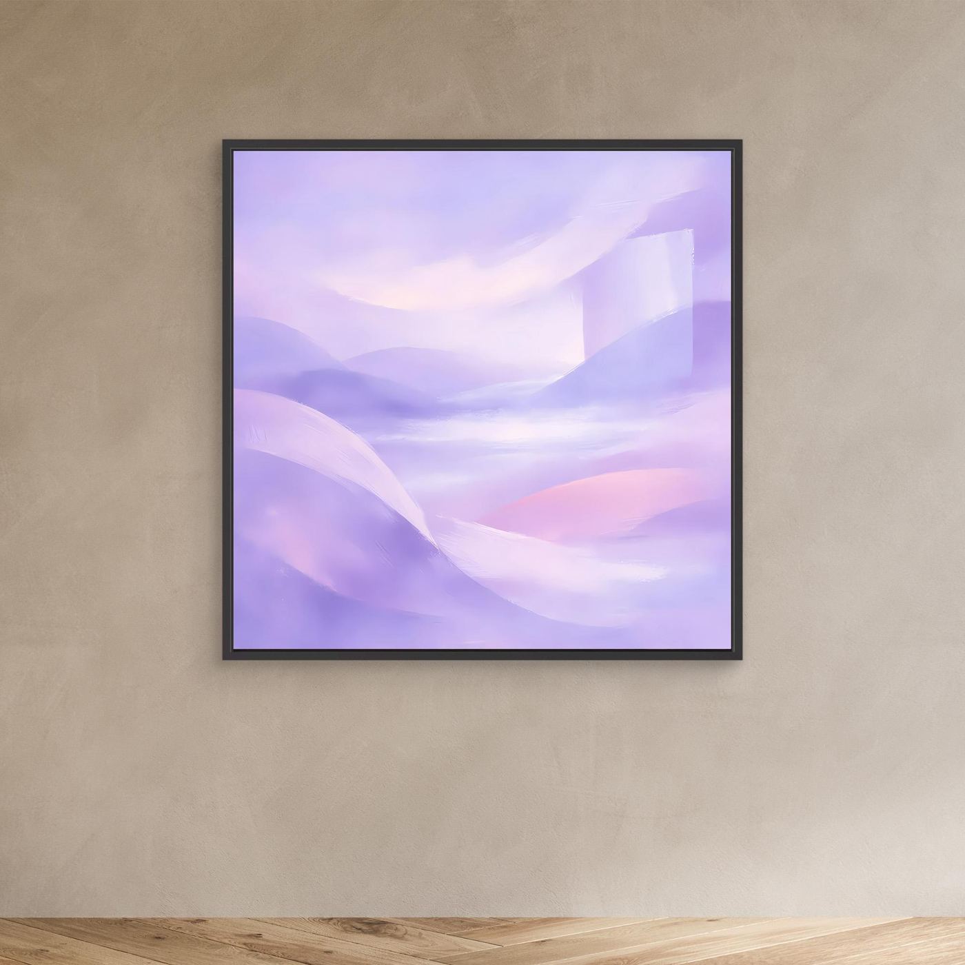 Abstraktes Leinwandbild mit Pastellhügeln in Violett- und Rosatönen, schwarzer Rahmen