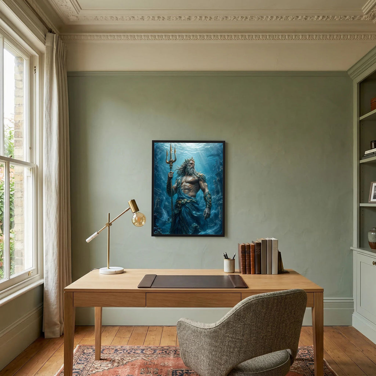 Wandposter mit Poseidon als Meeresgott, Dreizack hoch, Unterwasserwelt im Blau, dunkler Rahmen