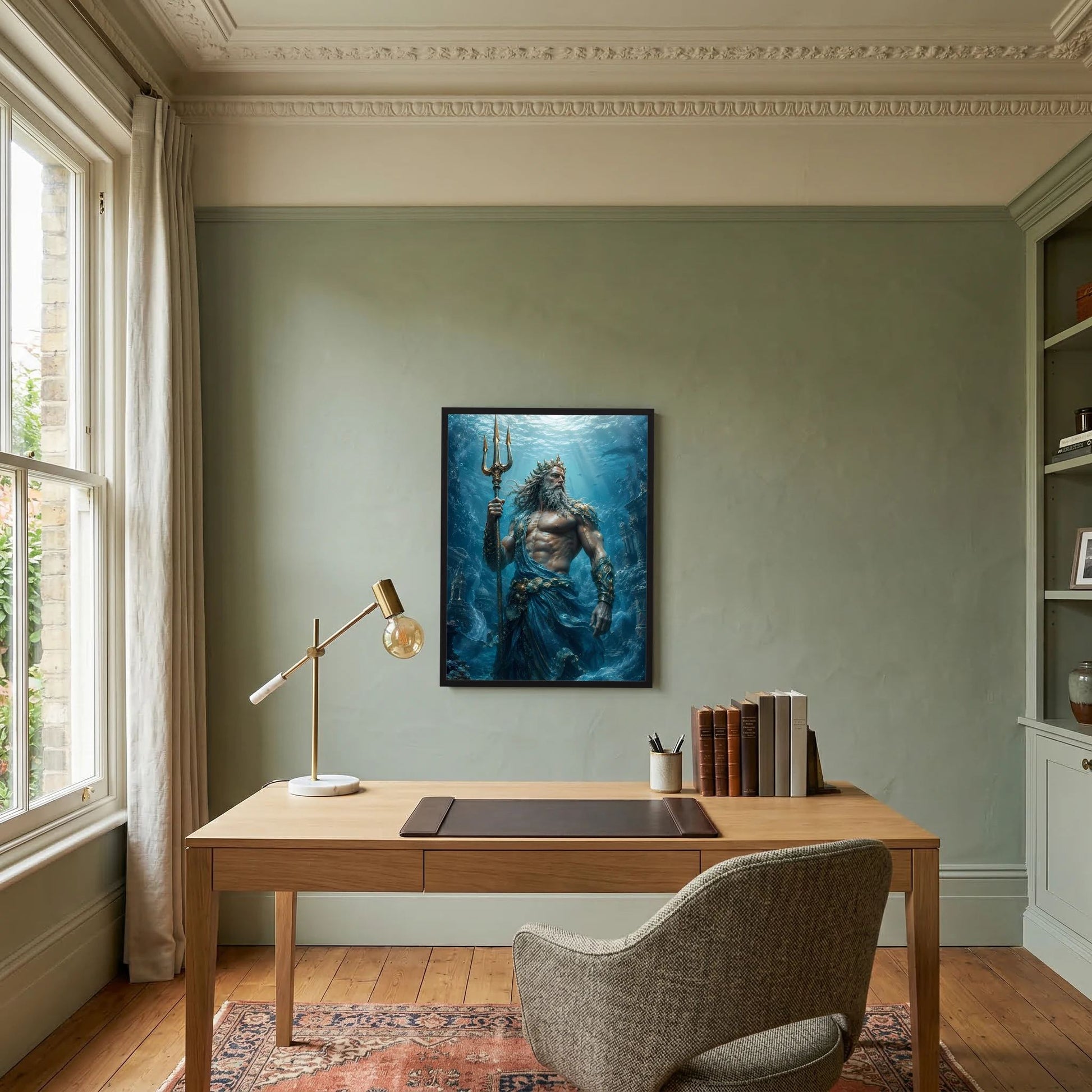 Wandposter mit Poseidon als Meeresgott, Dreizack hoch, Unterwasserwelt im Blau, dunkler Rahmen
