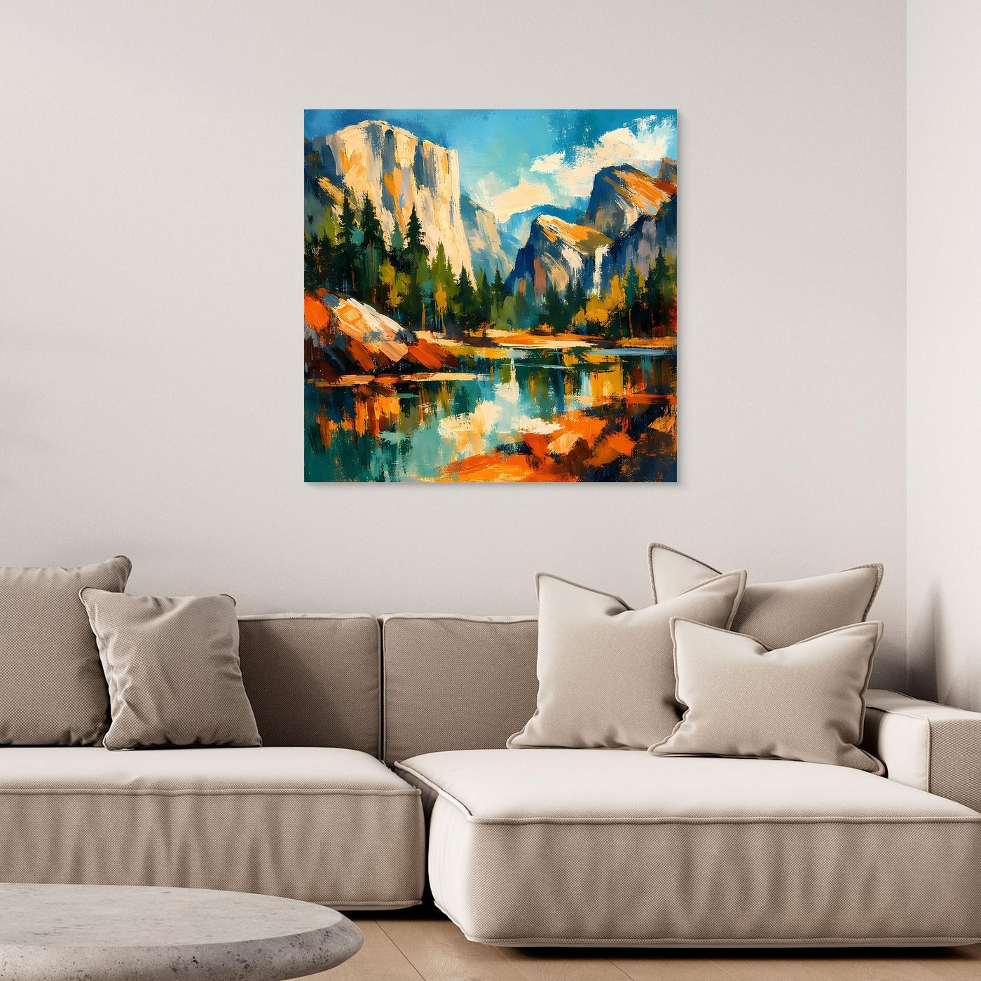 Leinwandbild mit Berg- und Seelandschaft, abstrakte Farben, mit dunklem Rahmen