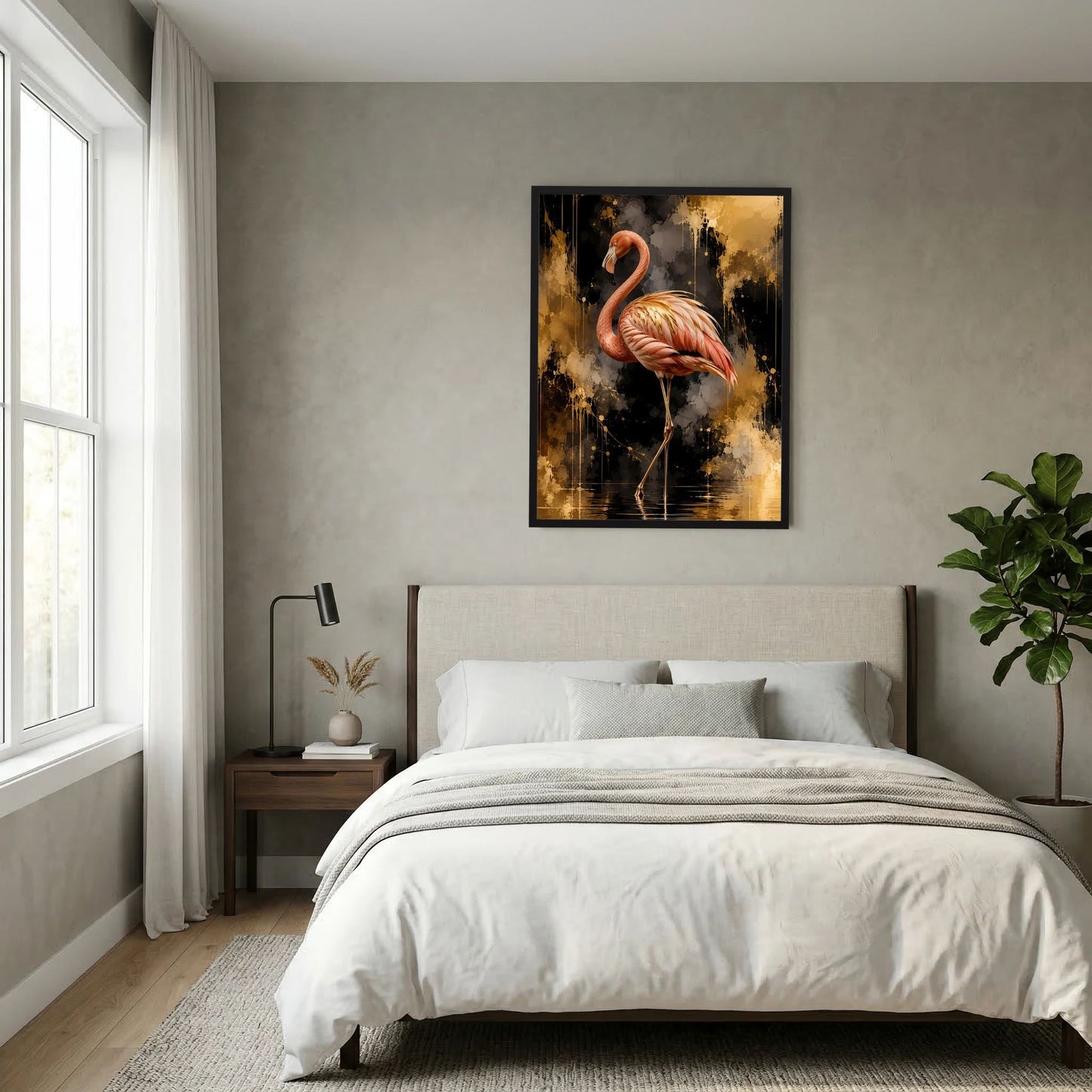 Hochformat-Poster mit rosafarbenem Flamingo und gold-schwarzem Farbverlauf