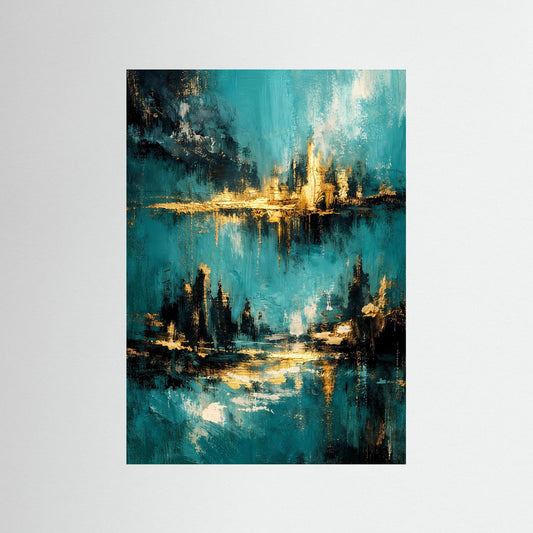 Abstraktes Meer-Poster mit türkis-schimmernder Küste und goldenen Lichtern